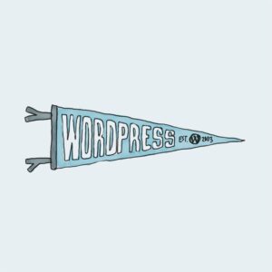 Illustratsioon sinisest kolmnurksest lipust, millele on kirjutatud "WordPress" ja "EST. 2003" WordPressi logoga.